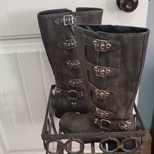 Shoe Dazzle Charcoal Heeled Boots with Silver Buckles